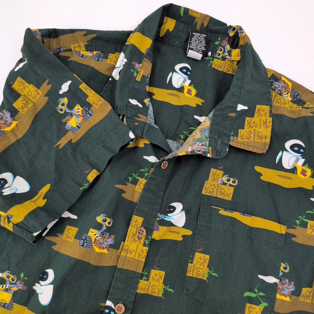 Disney Pixar Wall-E All Over Print Button Down Shirt Mens XL Green Short Sleeve
